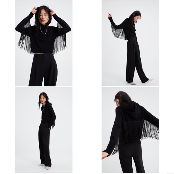 Zara Tops - Zara, Black Fringed Knit Cropped Cowgirl Hoodie